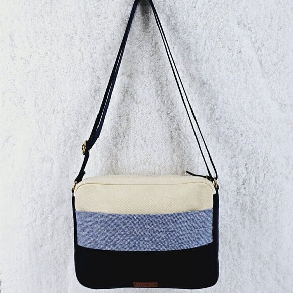 FOSSIL Navy Blue Ivory Striped Linen Crossbody Leather Accents Adjustable Strap - Picture 16 of 16